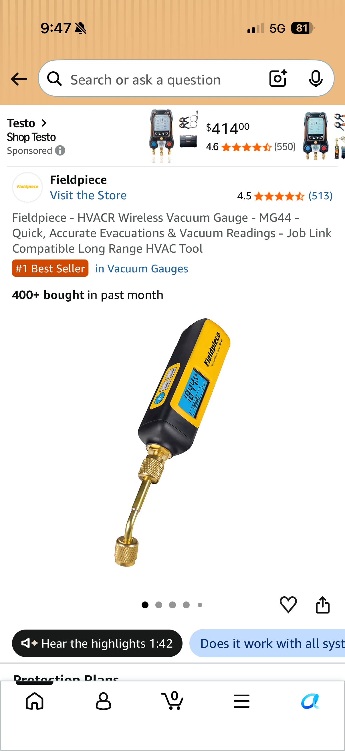 Fieldpiece MG44 wireless vacuum gauge with digital display and brass connection fittings