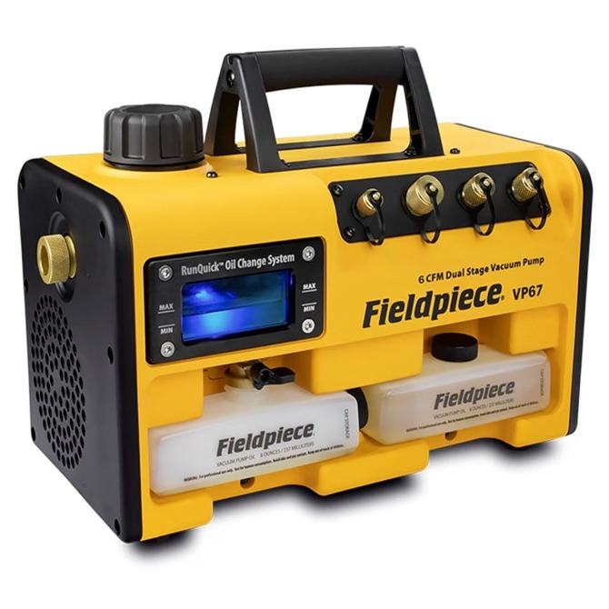 Fieldpiece VP67 yellow and black vacuum pump with RunQuick oil change system