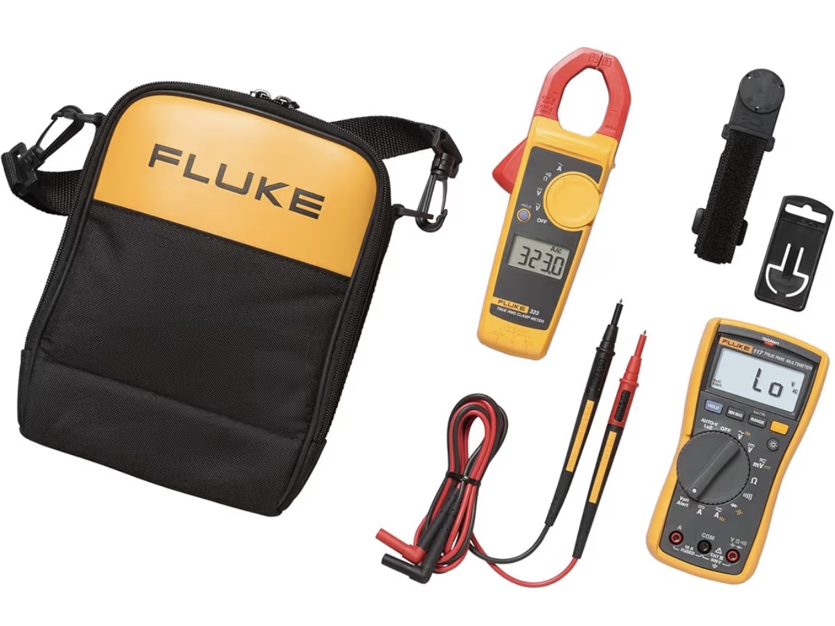 Fluke 117 multimeter and 323 clamp meter kit with test leads, hanging strap, and carrying case
