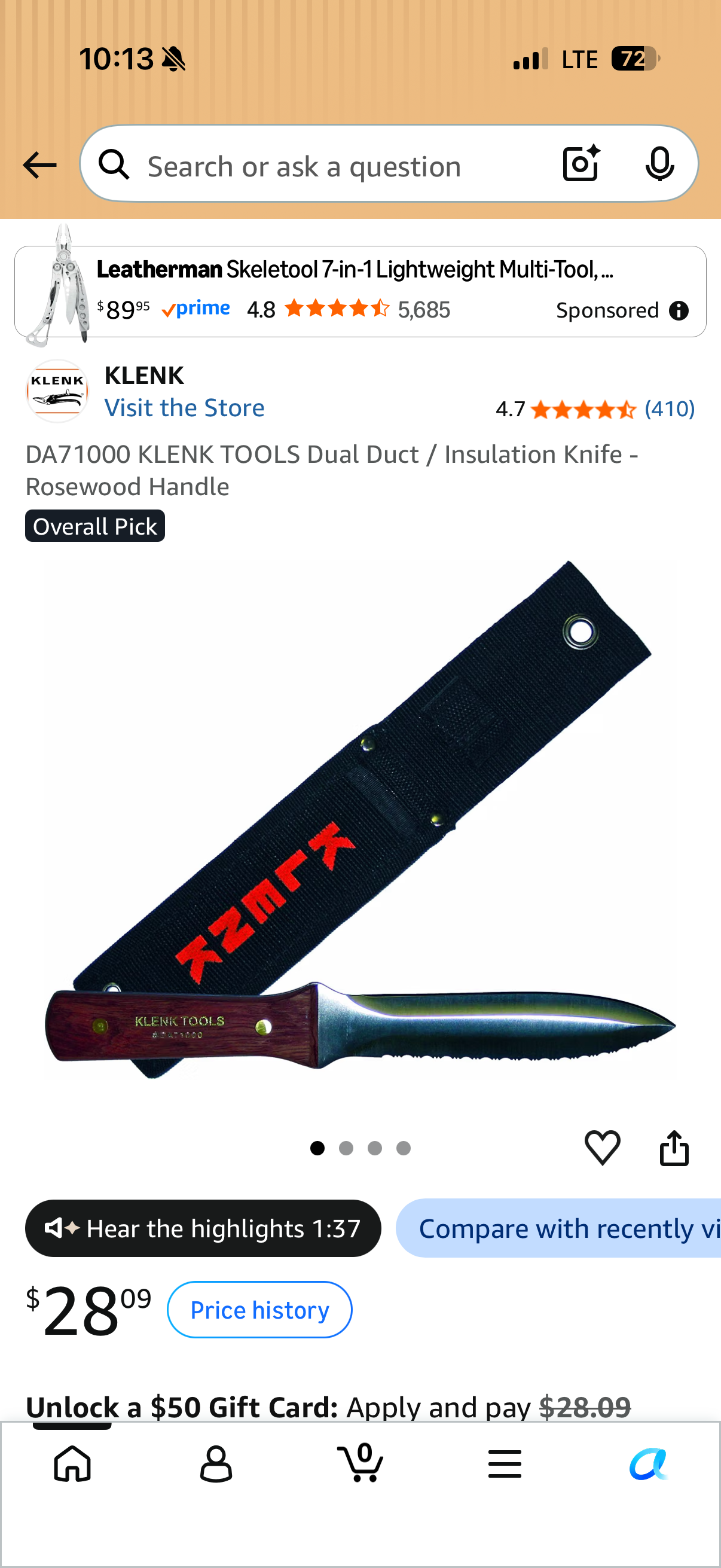 KLENK DA71000 dual duct and insulation knife with rosewood handle and black sheath