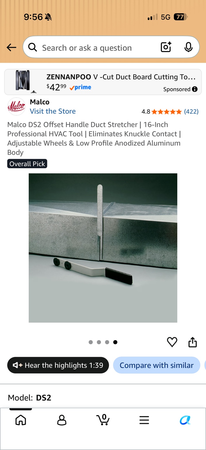 Malco DS2 offset-handle duct stretcher beside a galvanized sheet-metal duct joint