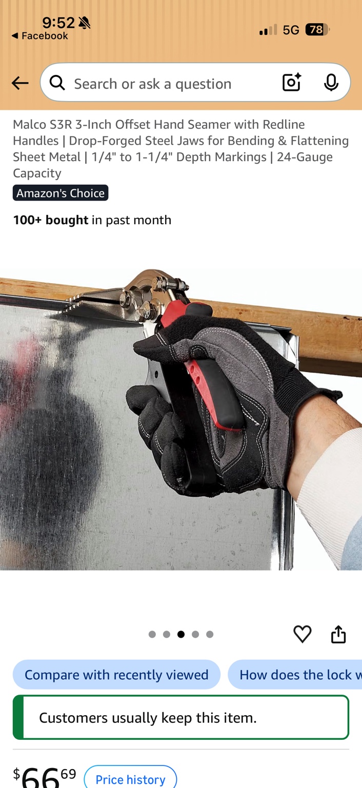 Malco S3R three-inch offset hand seamer forming a sheet-metal edge, held in a black and gray work glove