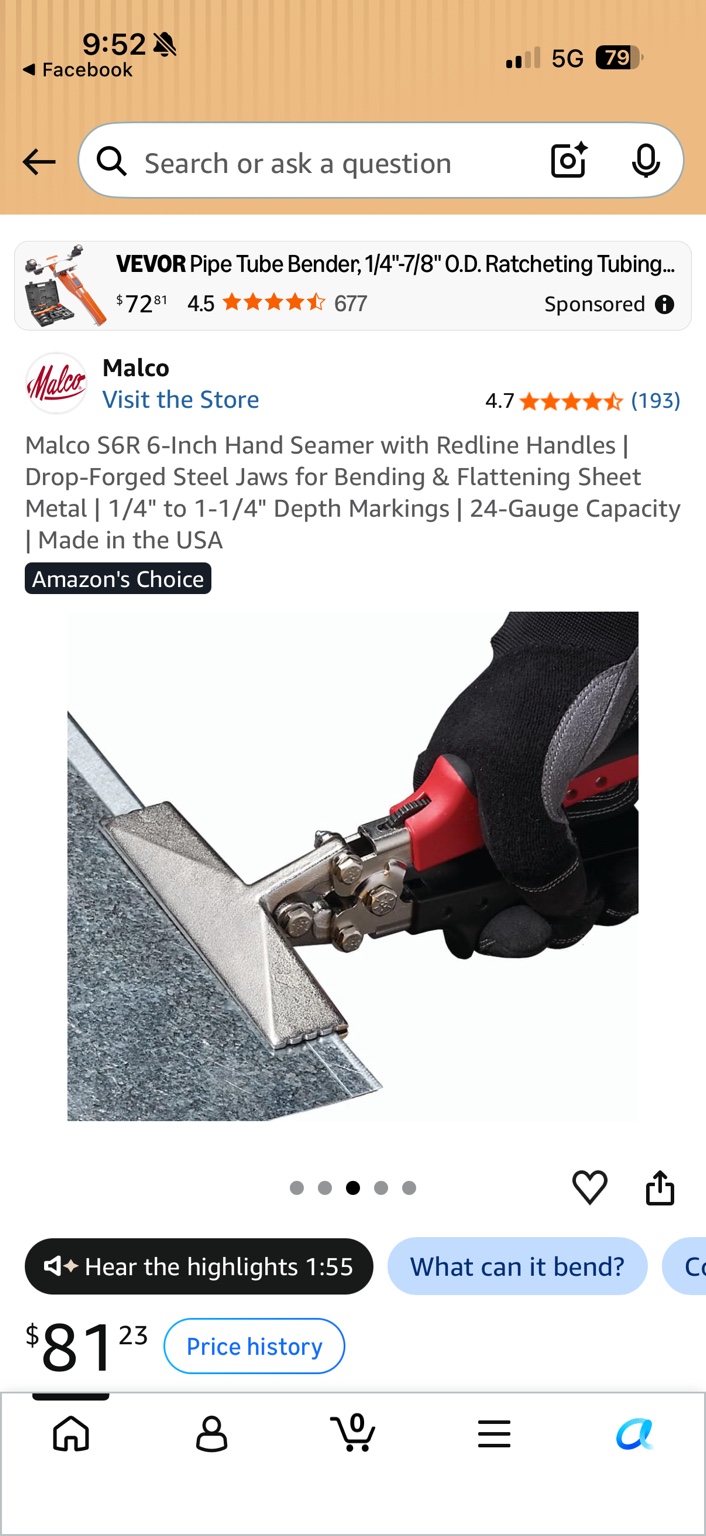 Malco S6R six-inch hand seamer bending galvanized sheet metal, held in a black work glove