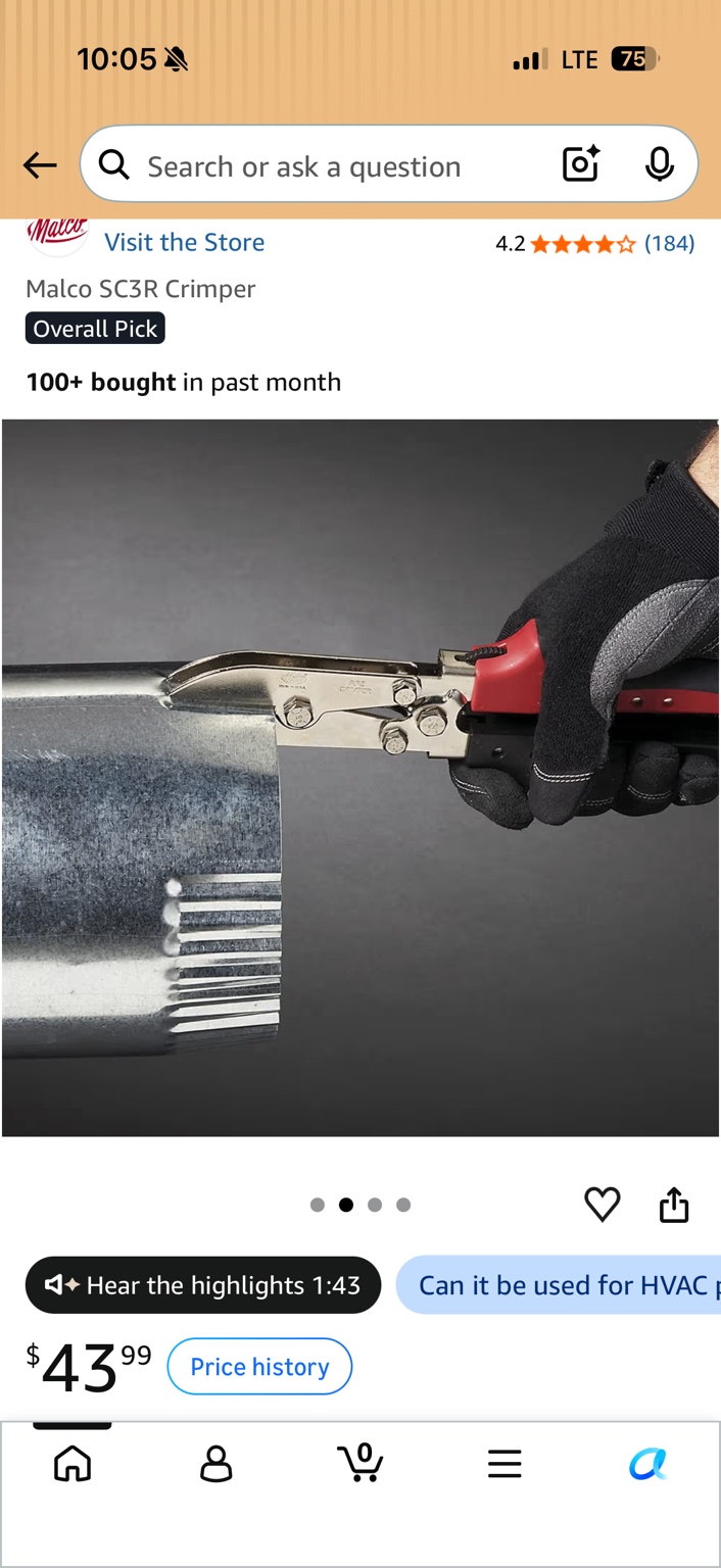 Malco SC3R crimper forming the end of round sheet-metal duct, held in a black work glove