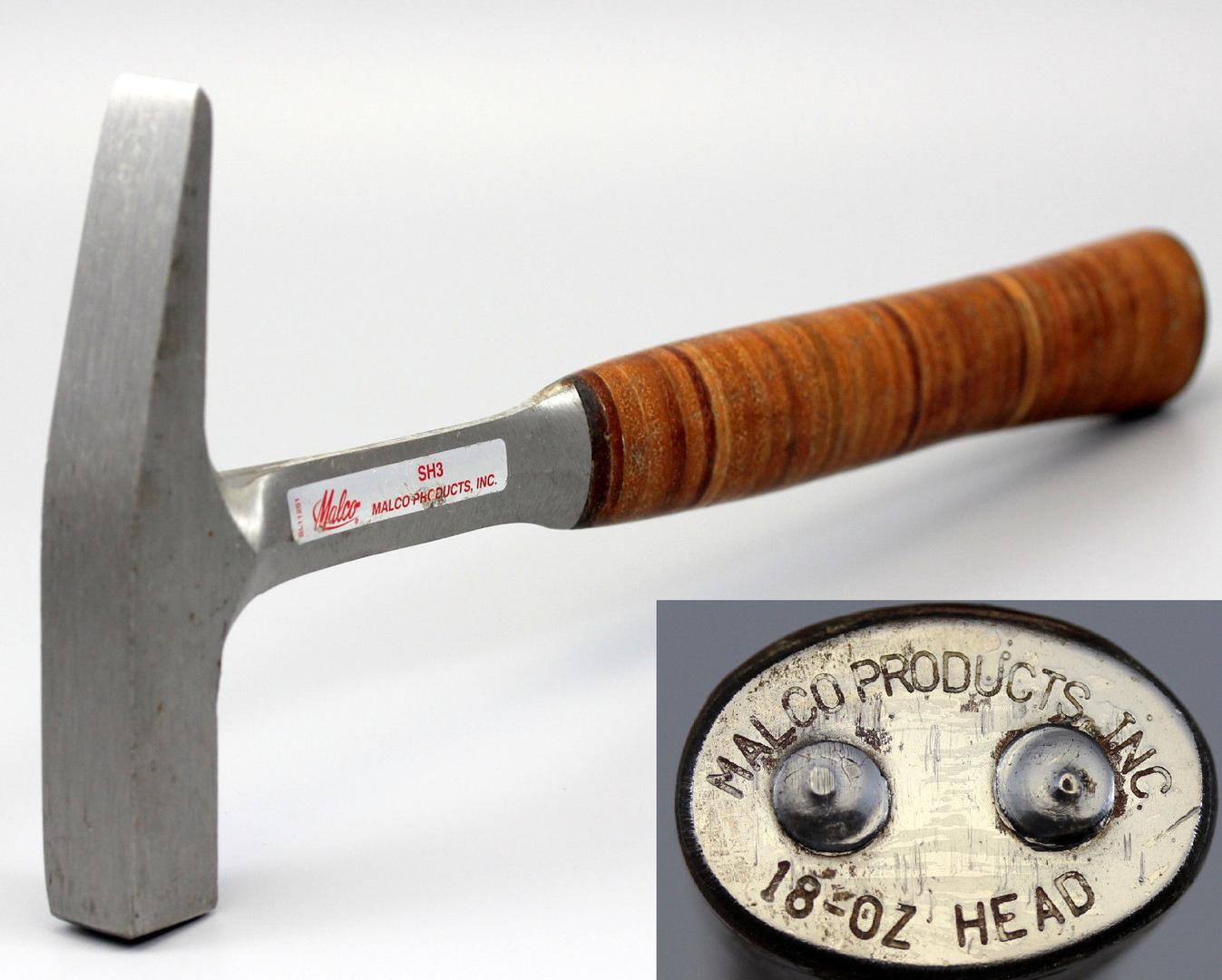 Malco SH3 sheet-metal setting hammer with leather grip and inset view of the 18-ounce head marking