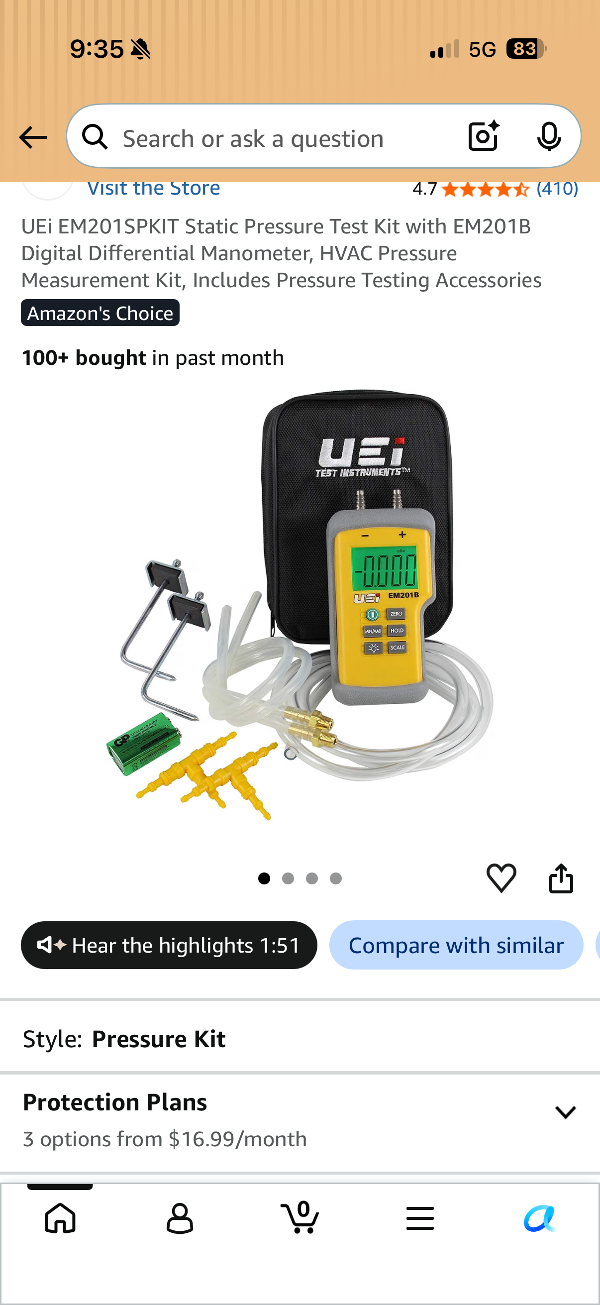 UEi EM201SPKIT static pressure test kit with EM201B digital differential manometer, tubing, pressure probes, fittings, and carrying case