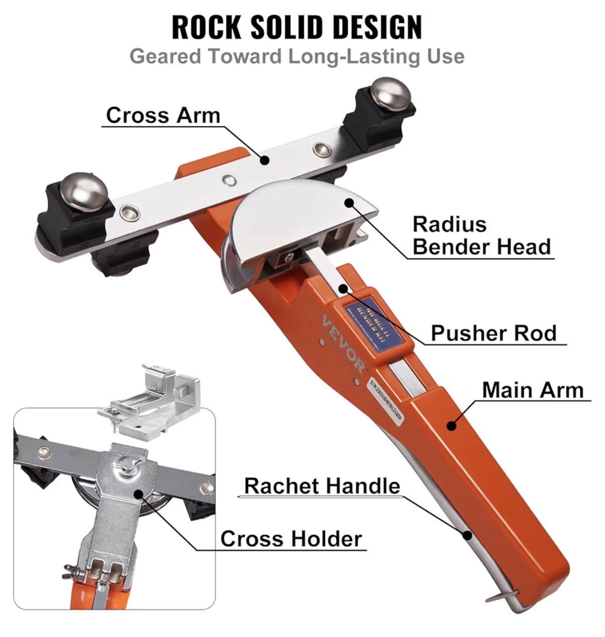 VEVOR ratcheting tube bender with labeled components