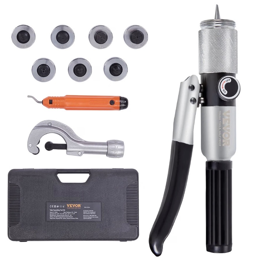 VEVOR hydraulic tube swager kit with seven expander heads, tube cutter, deburring tool, and carrying case